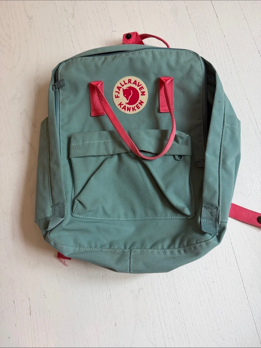 Fjallraven Backpack - Teal with Pink Accents.